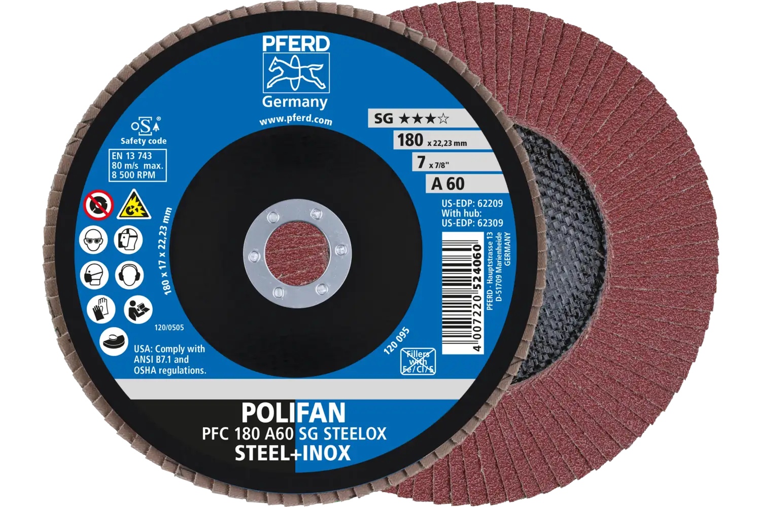 Picture of Pferd Flap Disc, 7" x 7/8, A SG Steelox, 60 Grit, T29, Conical, Aluminum oxide